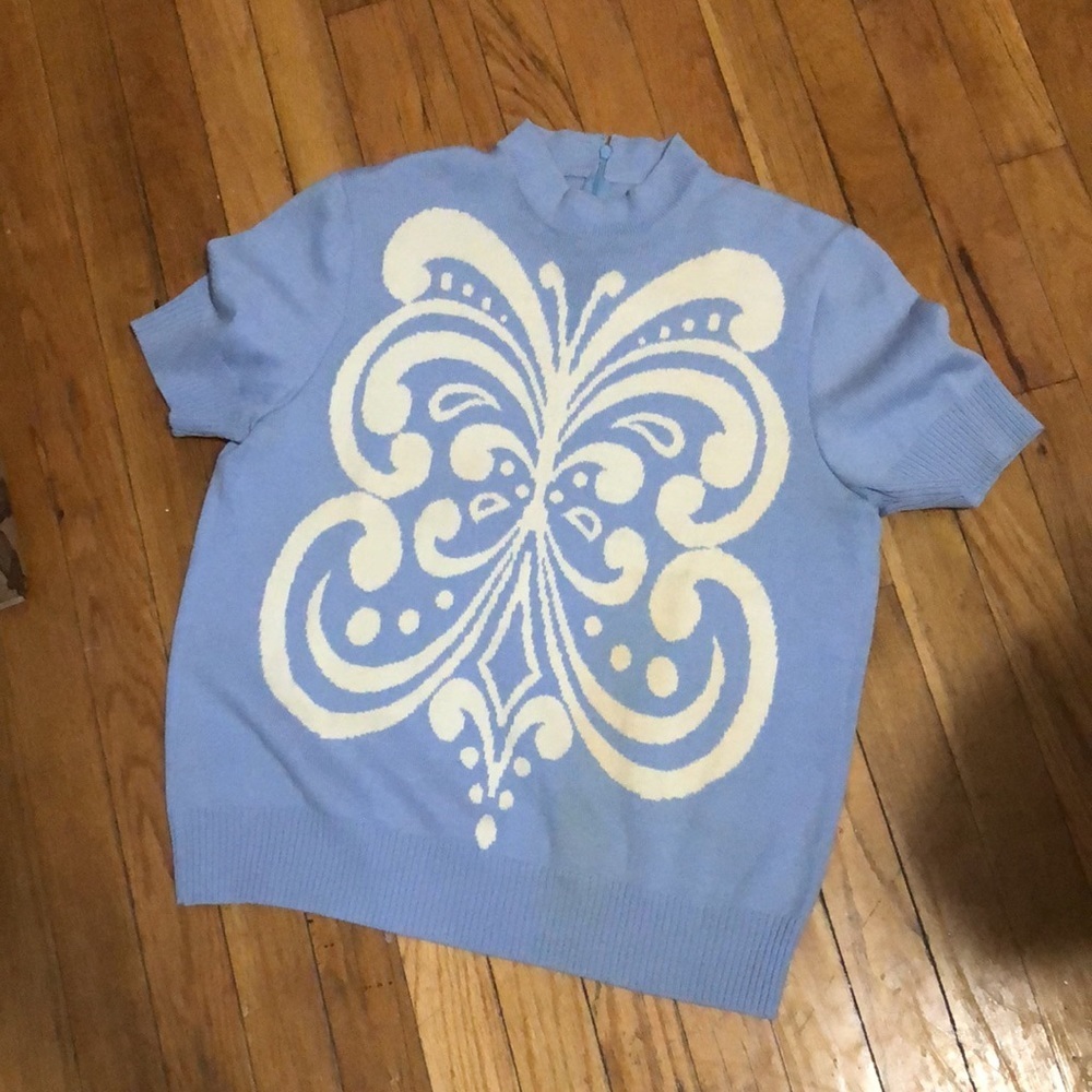 ST JOHN SPORTSWEAR MARIE GREY POWDER BLUE KNIT SHORT SLEEVE SWEATER